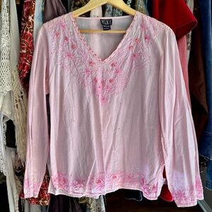 MLN.Y Pink Embroidered Cotton Boho Top – Floral Beaded Tunic (Large)